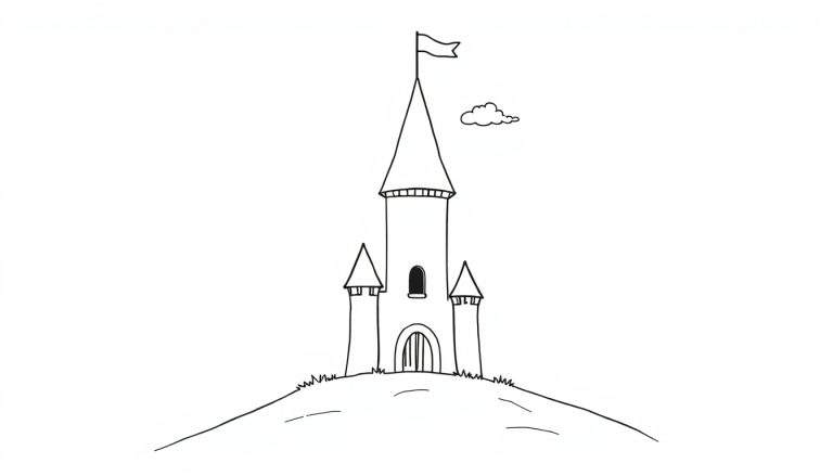 A black and white outline drawing of a cute castle on a hill, ready for a color panel.
