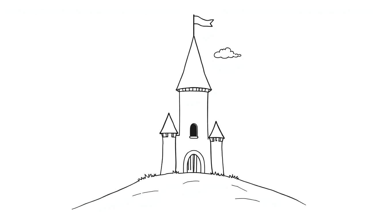 A black and white outline drawing of a cute castle on a hill, ready for a color panel.