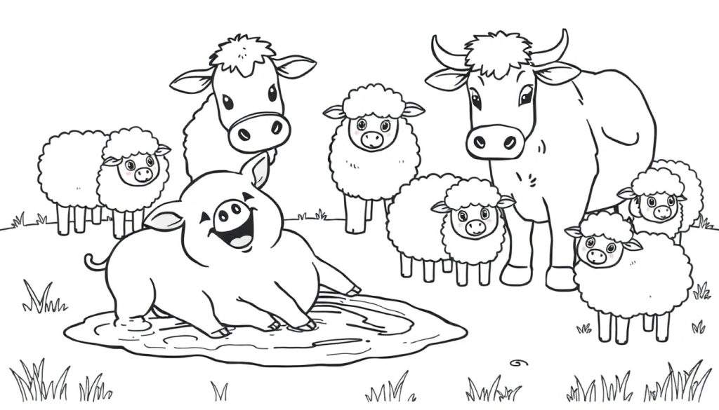 A black and white cartoon farm color panel featuring a happy pig in mud, fluffy sheep, and cows.