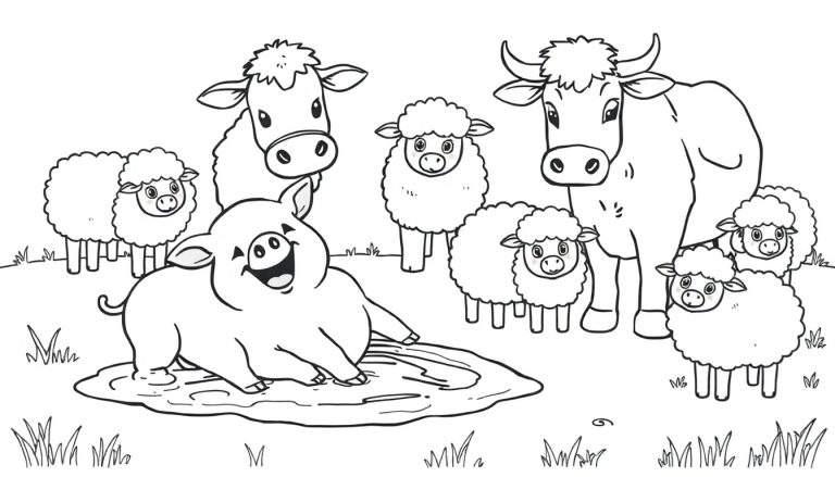 A black and white cartoon farm color panel featuring a happy pig in mud, fluffy sheep, and cows.