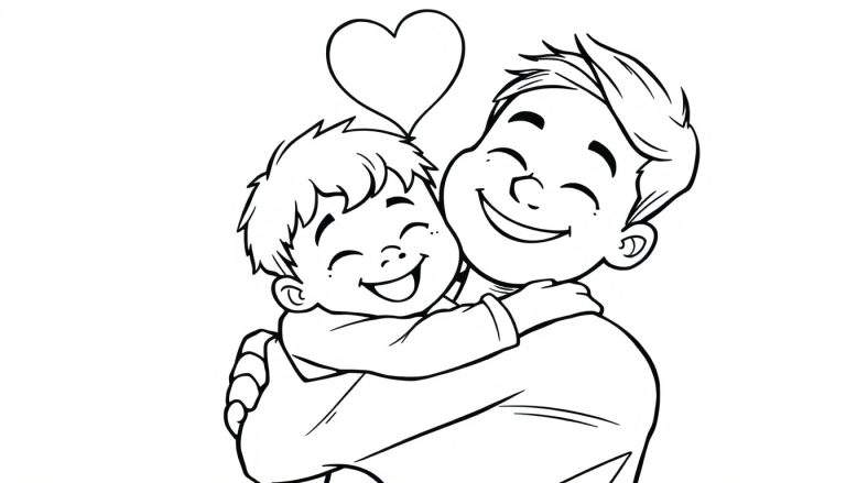 A cute black and white coloring page color panel of a child hugging their dad with a heart above them.