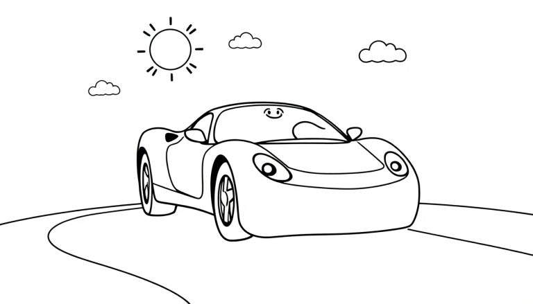 A black and white coloring page of a cute cartoon Ferrari car with big eyes driving on a sunny road, a fun color panel.
