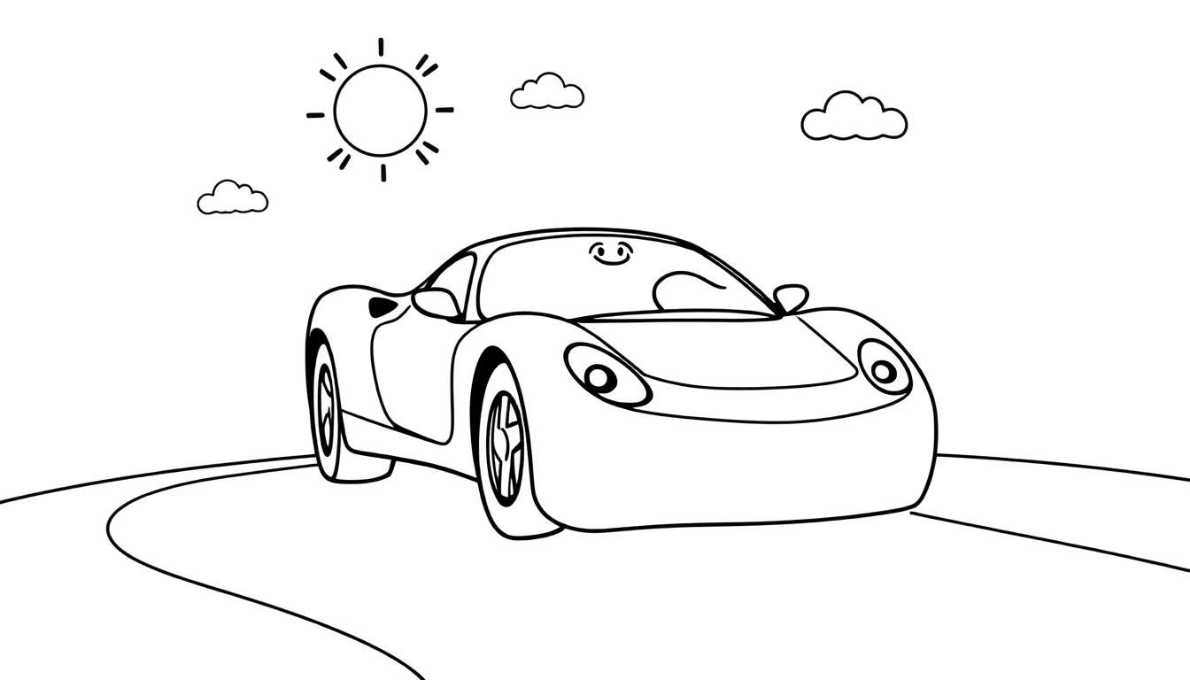 A black and white coloring page of a cute cartoon Ferrari car with big eyes driving on a sunny road, a fun color panel.