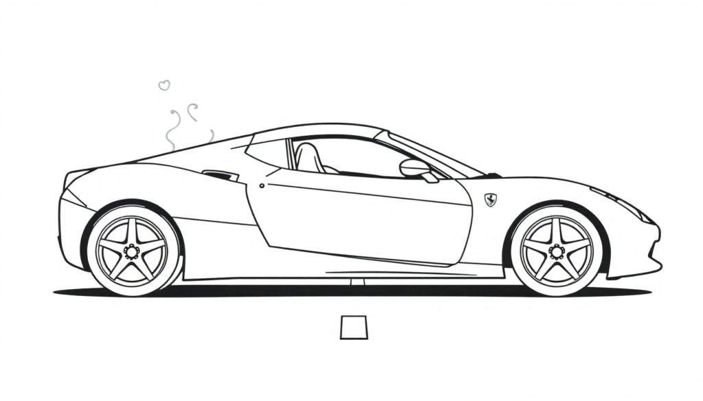 A black and white color panel drawing of a sleek Ferrari sports car in profile.