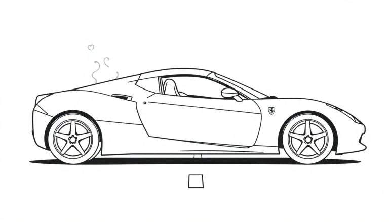 A black and white color panel drawing of a sleek Ferrari sports car in profile.
