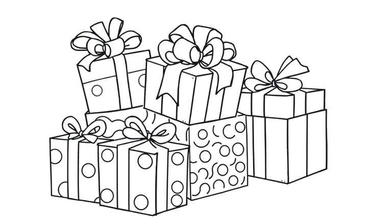 A fun color panel showing a pile of black and white gift boxes with polka dots and stripes, each topped with a bow.