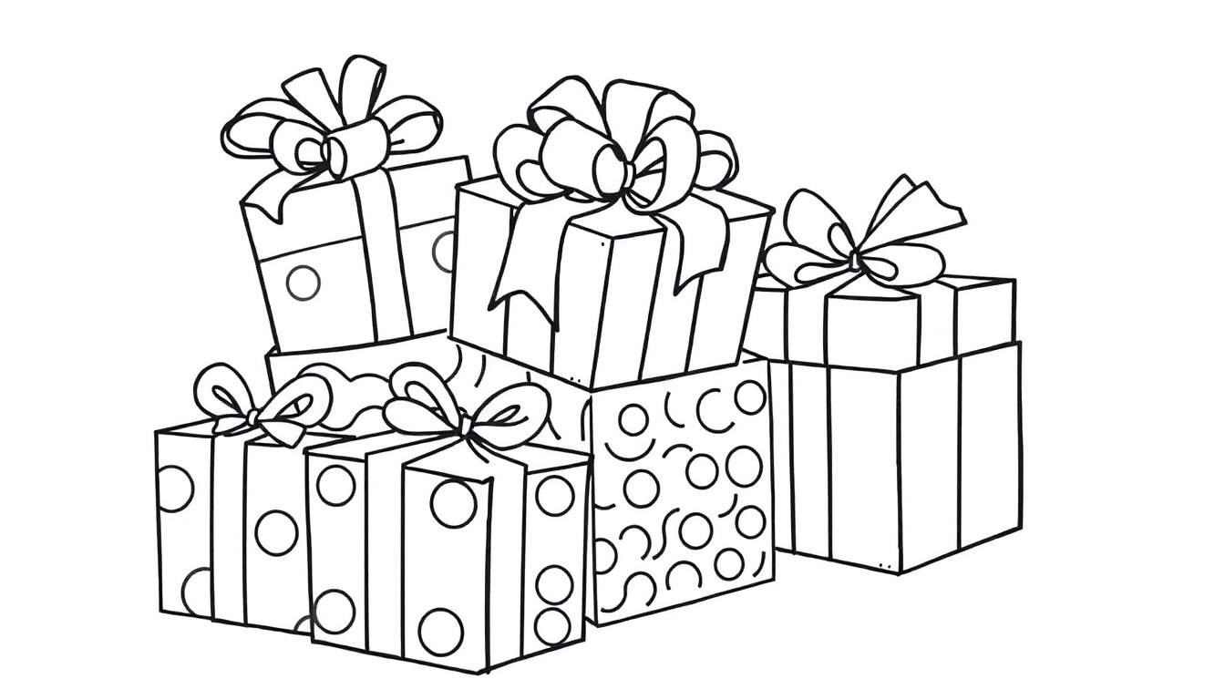A fun color panel showing a pile of black and white gift boxes with polka dots and stripes, each topped with a bow.