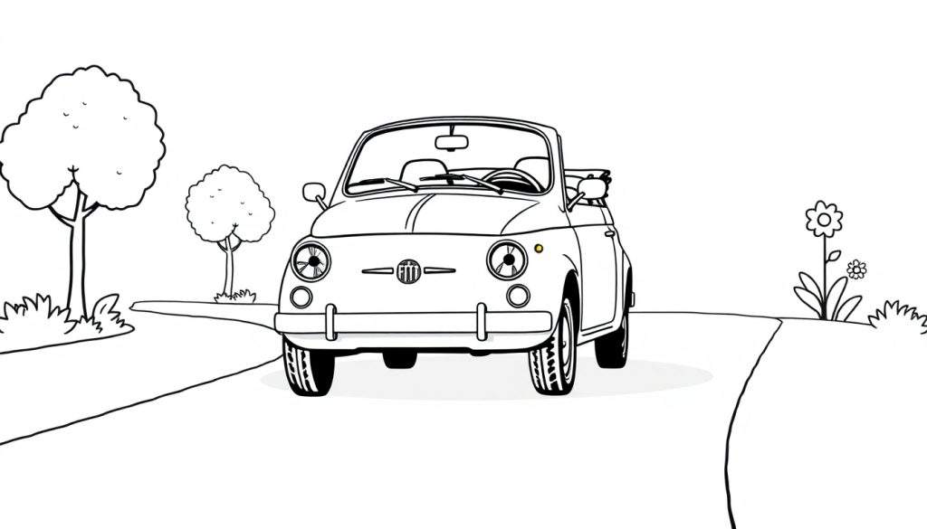 A cute black and white Fiat 500 convertible is driving on a road, ready for a color panel adventure. 🚗