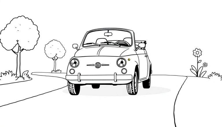 A cute black and white Fiat 500 convertible is driving on a road, ready for a color panel adventure. 🚗