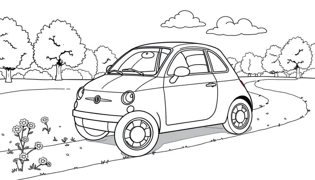 A cute Fiat 500 coloring panel with big wheels parked near flowers in a park.