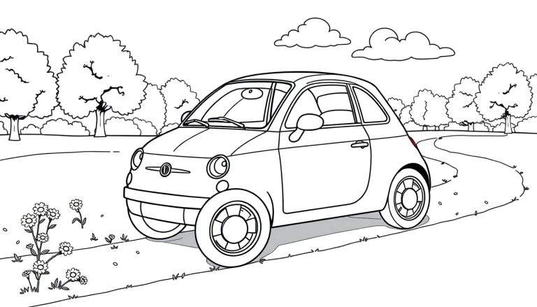 A cute Fiat 500 coloring panel with big wheels parked near flowers in a park.