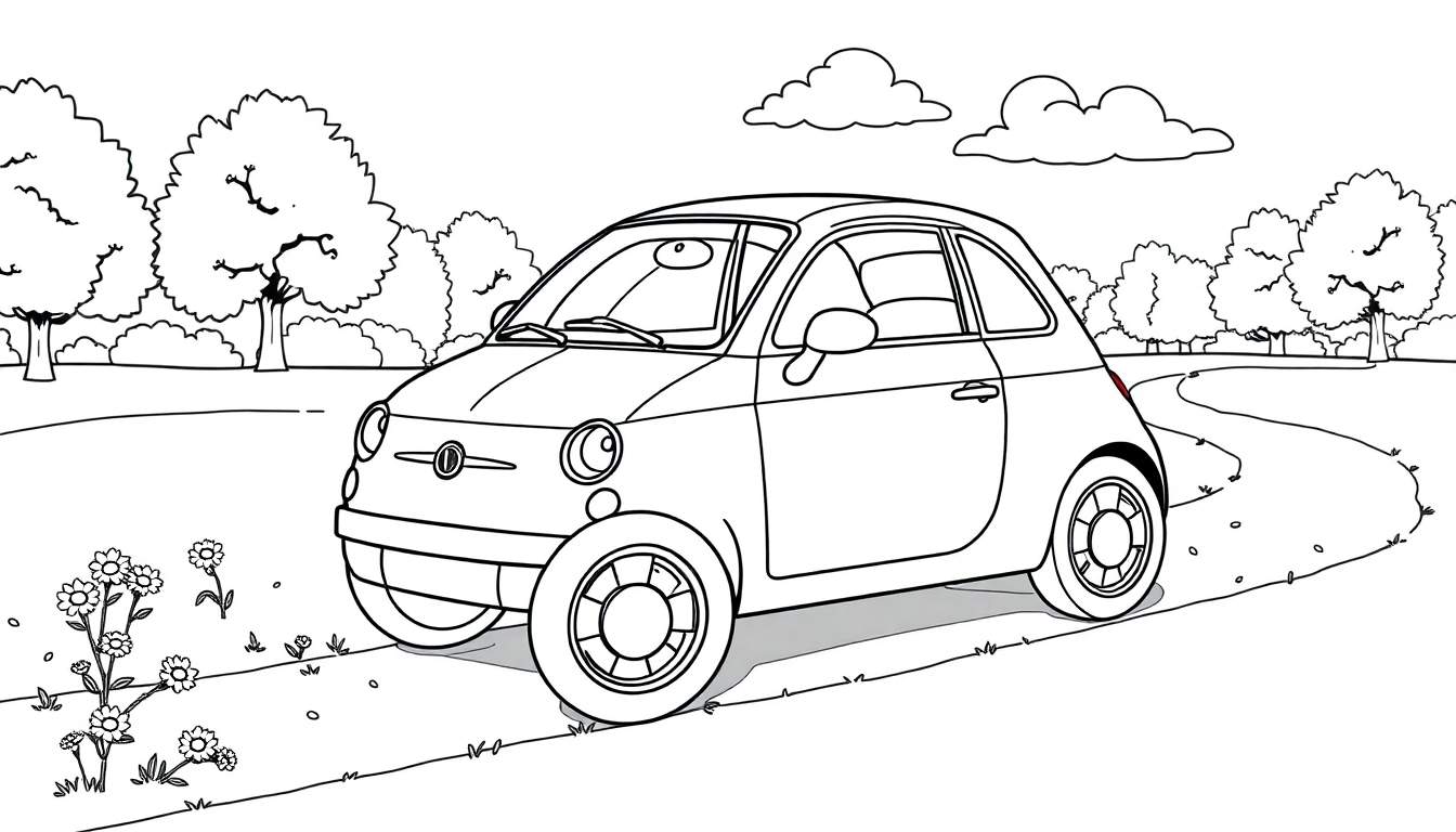 A cute Fiat 500 coloring panel with big wheels parked near flowers in a park.
