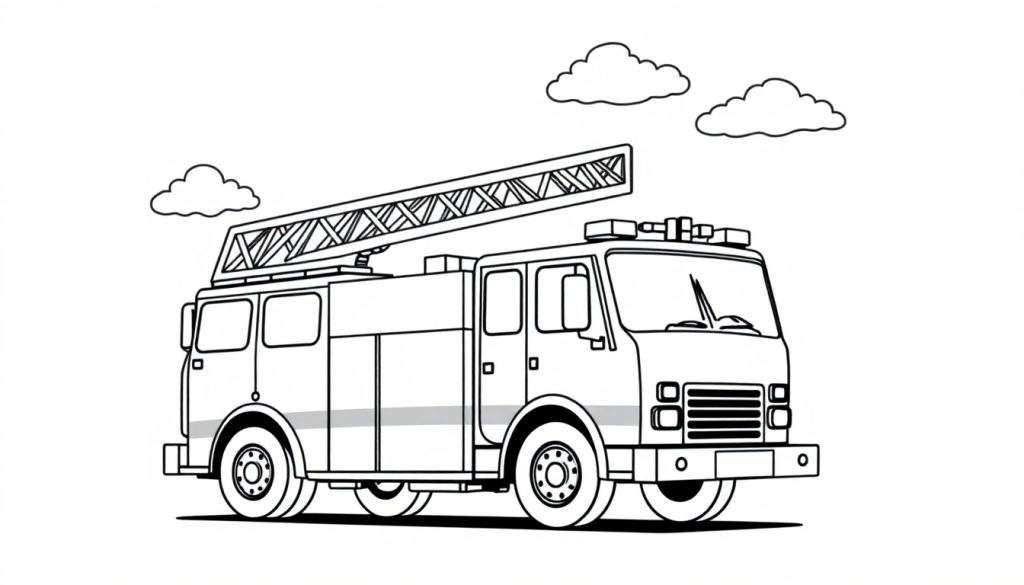 A cheerful red fire truck line drawing for a color panel.