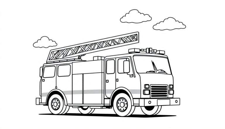 A cheerful red fire truck line drawing for a color panel.