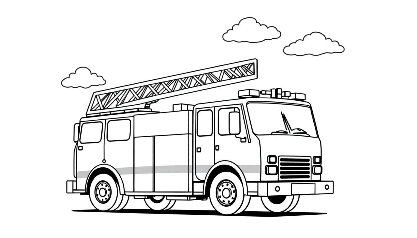 A cheerful red fire truck line drawing for a color panel.