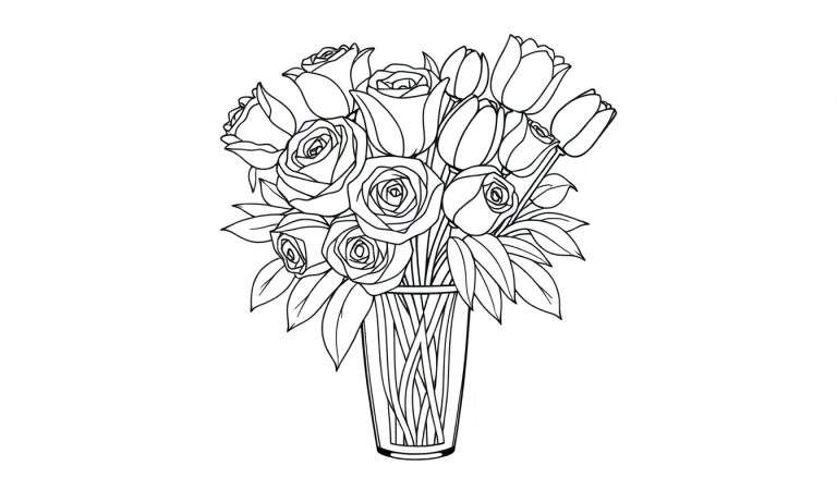 A black and white coloring page featuring a vase filled with roses and tulips, ready for coloring.