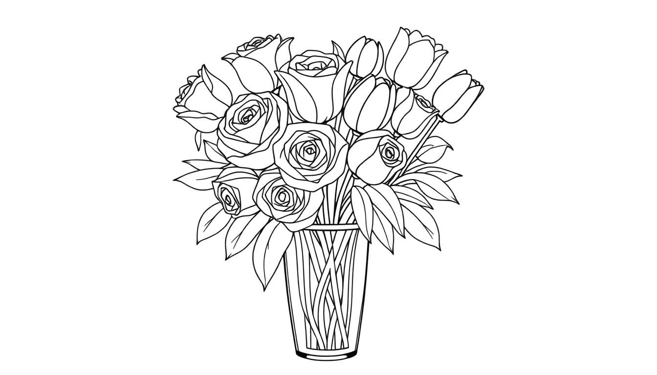 A black and white coloring page featuring a vase filled with roses and tulips, ready for coloring.