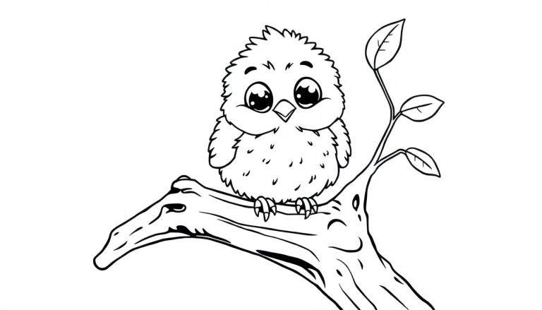 A cute cartoon bird in black and white outlines, ready for coloring. This color panel features a fluffy bird on a gnarled branch with leaves.