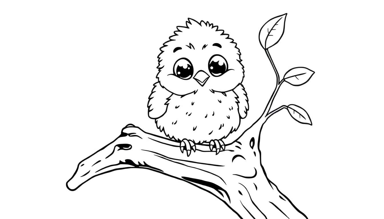 A cute cartoon bird in black and white outlines, ready for coloring. This color panel features a fluffy bird on a gnarled branch with leaves.