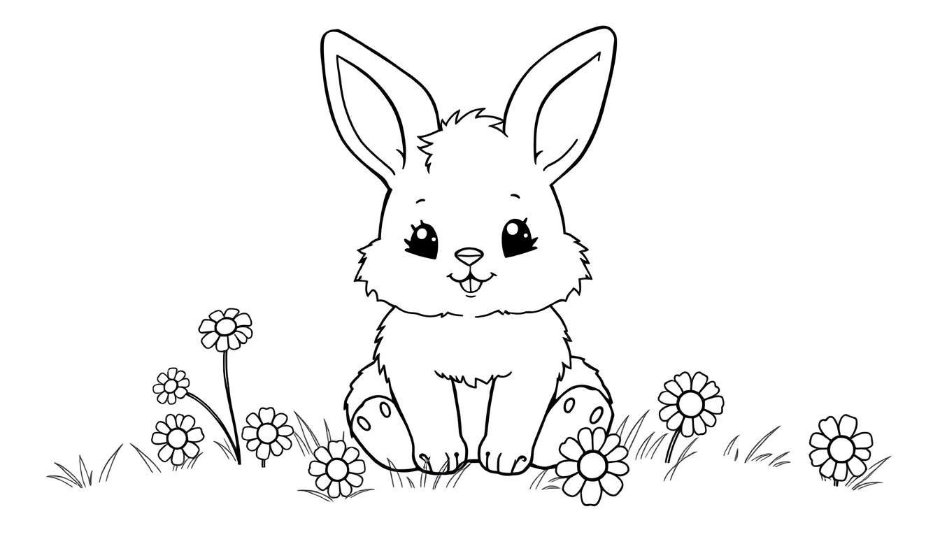 A cute, fluffy baby bunny sits in a field of flowers, ready for coloring on this fun color panel.
