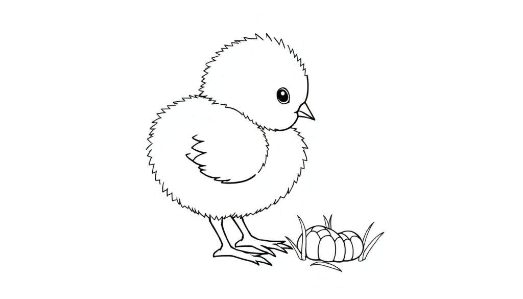 A fluffy chick in a color panel, about to peck at a tiny worm amongst blades of grass.