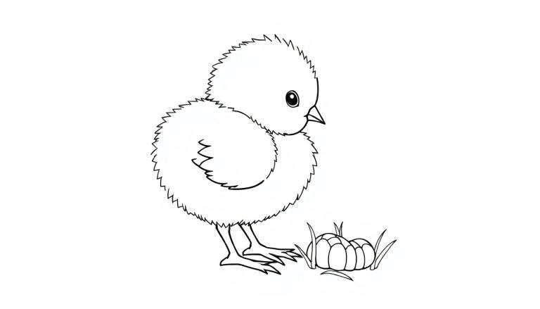 A fluffy chick in a color panel, about to peck at a tiny worm amongst blades of grass.