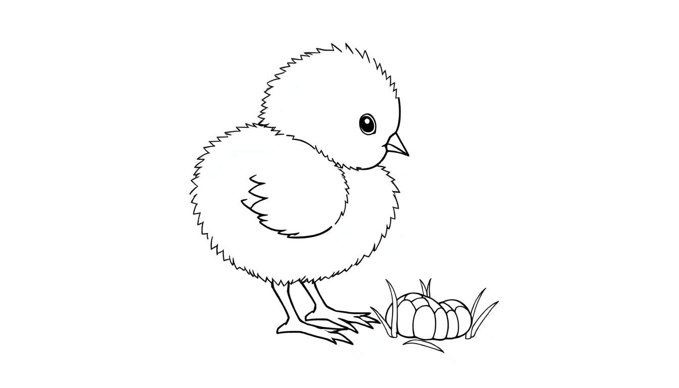 A fluffy chick in a color panel, about to peck at a tiny worm amongst blades of grass.