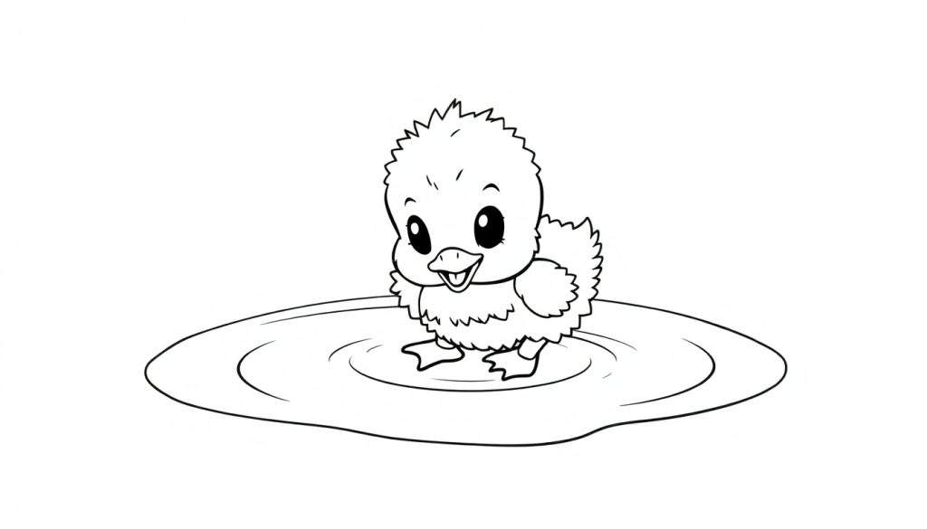 A cute black and white cartoon duckling in a puddle, ready for a color panel.