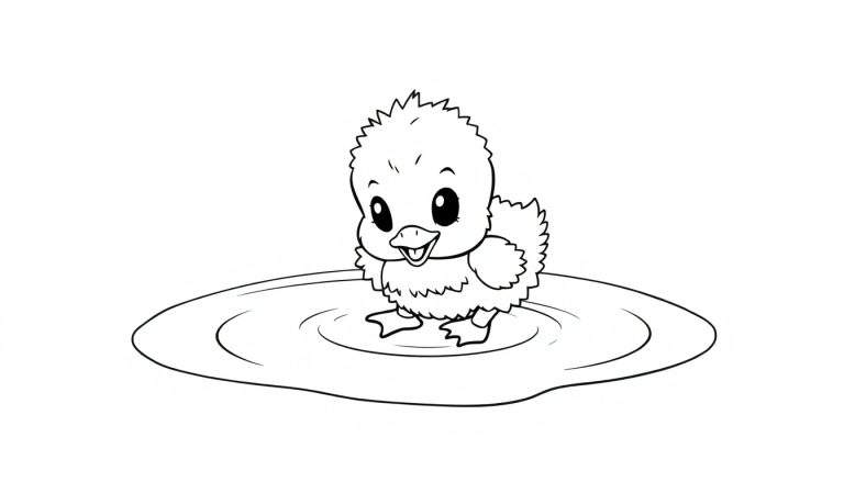 A cute black and white cartoon duckling in a puddle, ready for a color panel.