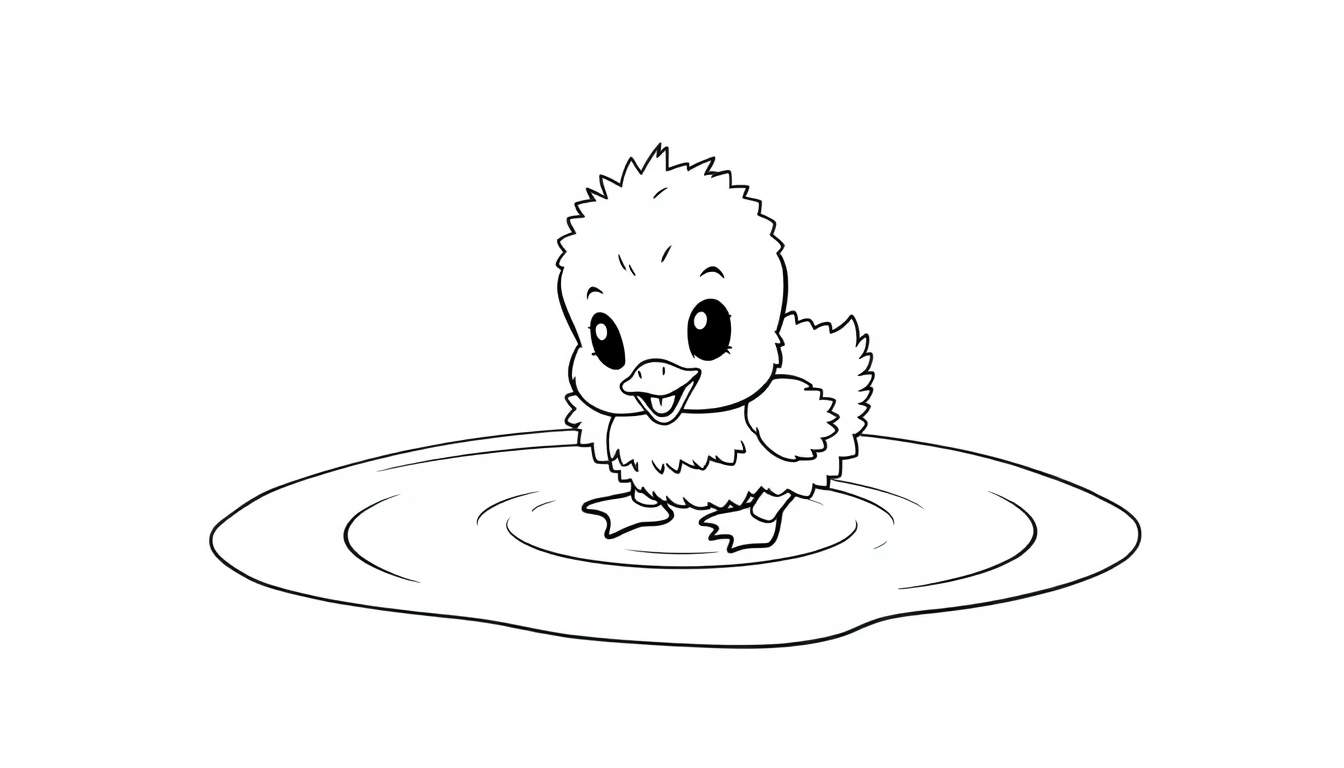A cute black and white cartoon duckling in a puddle, ready for a color panel.
