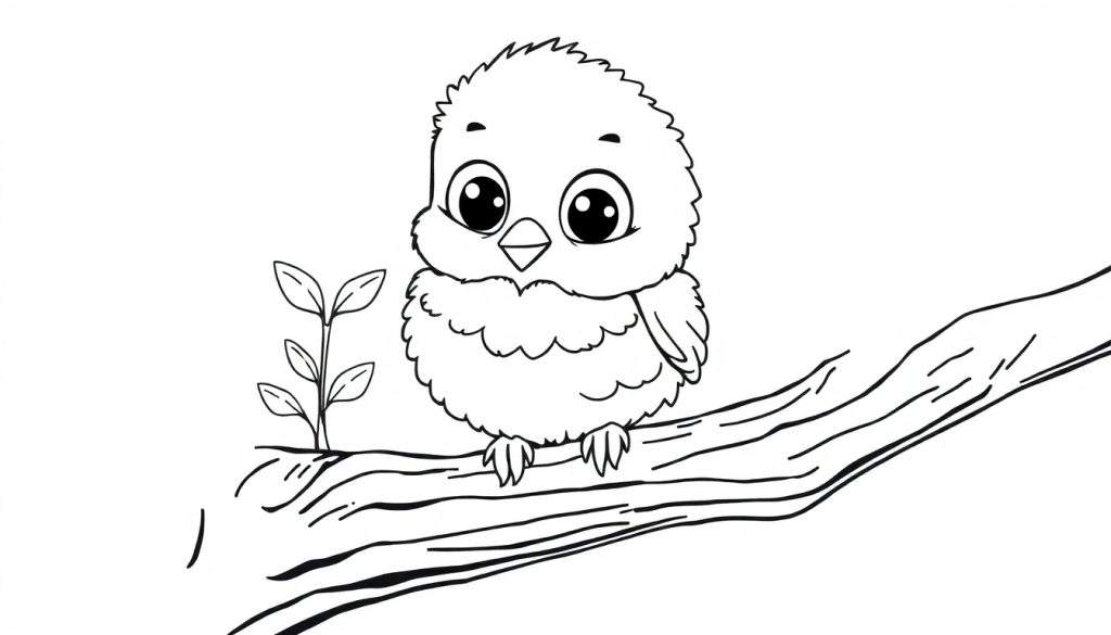 A black and white color panel of a fluffy baby bird with big eyes sitting on a branch.