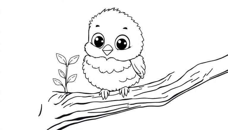 A black and white color panel of a fluffy baby bird with big eyes sitting on a branch.