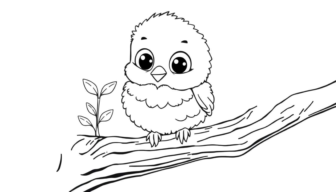 A black and white color panel of a fluffy baby bird with big eyes sitting on a branch.