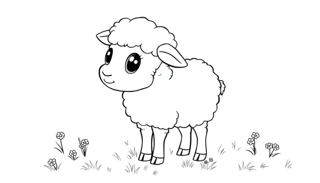 A black and white line art of a cute fluffy sheep for a color panel.