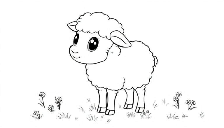 A black and white line art of a cute fluffy sheep for a color panel.