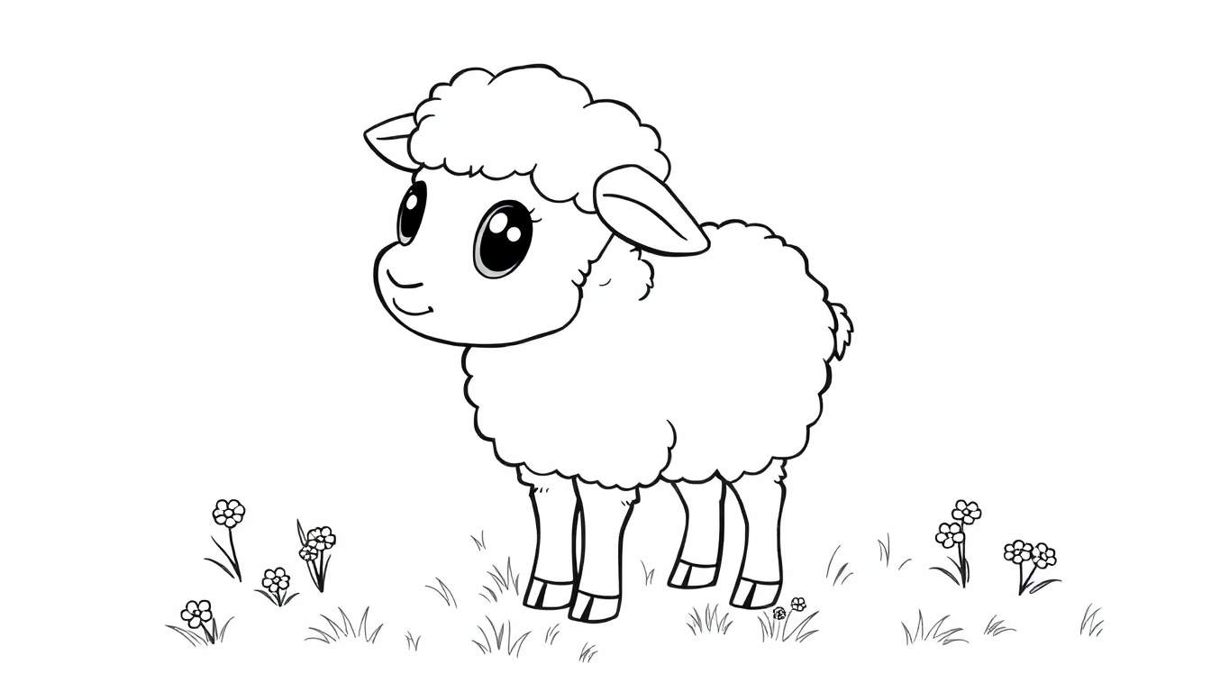 A black and white line art of a cute fluffy sheep for a color panel.