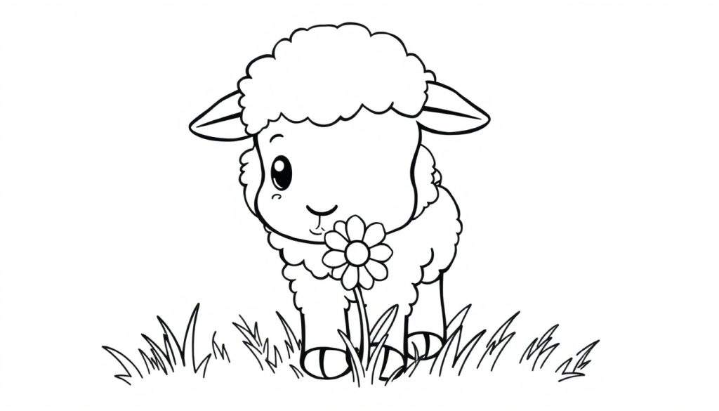 A cute lamb in a black and white coloring panel, holding a daisy.