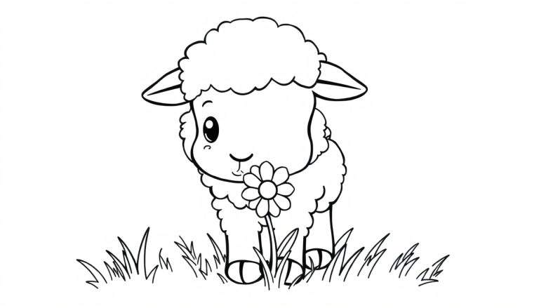 A cute lamb in a black and white coloring panel, holding a daisy.