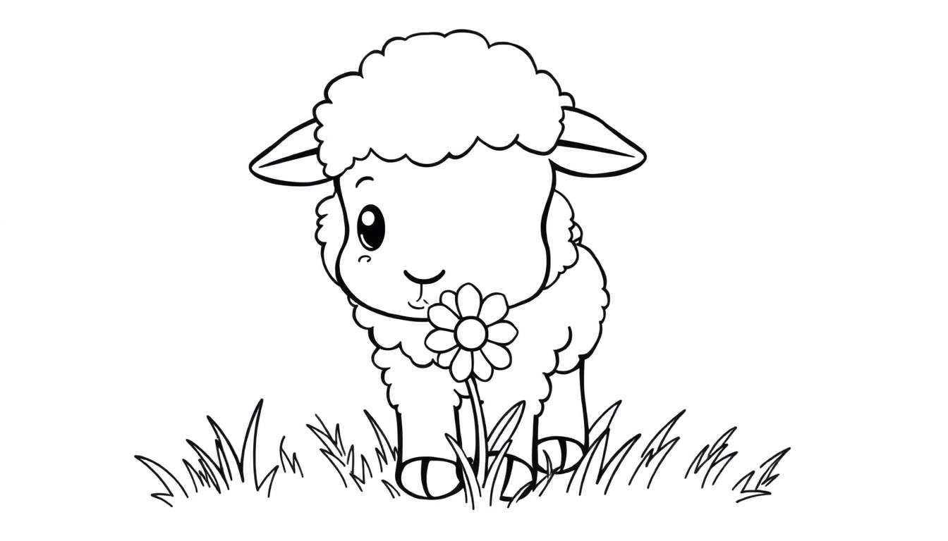 A cute lamb in a black and white coloring panel, holding a daisy.