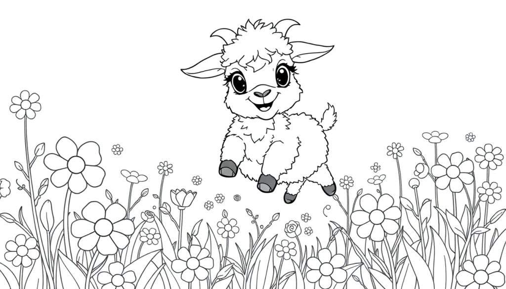 A cute, fluffy lamb jumping in a field of outlined flowers, a fun color panel for kids.