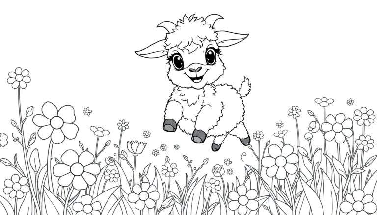 A cute, fluffy lamb jumping in a field of outlined flowers, a fun color panel for kids.