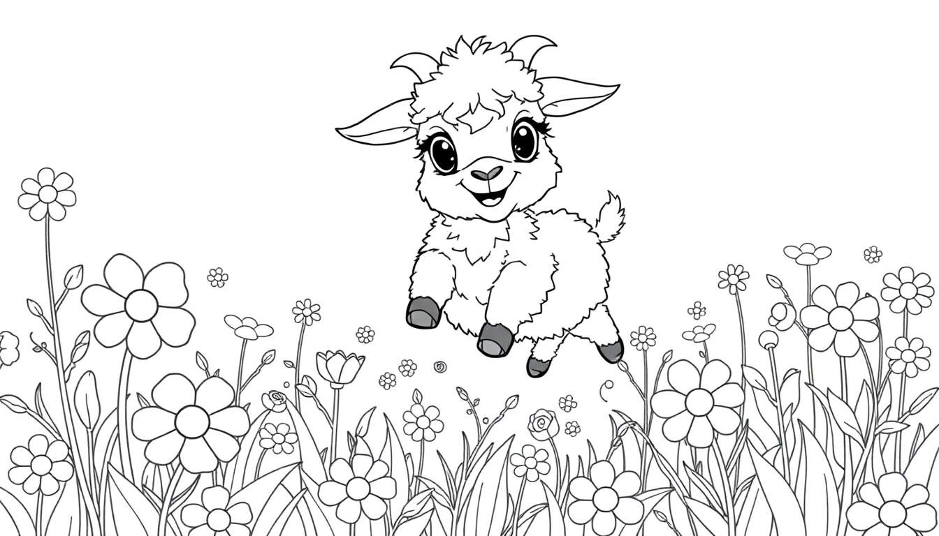 A cute, fluffy lamb jumping in a field of outlined flowers, a fun color panel for kids.