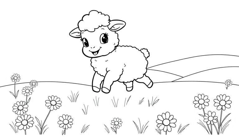 A cute black and white drawing of a fluffy lamb in a daisy field, perfect for a color panel.