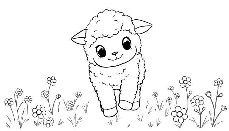 A cute black and white drawing of a fluffy lamb in a flower field, ready for coloring. This color panel is full of fun!