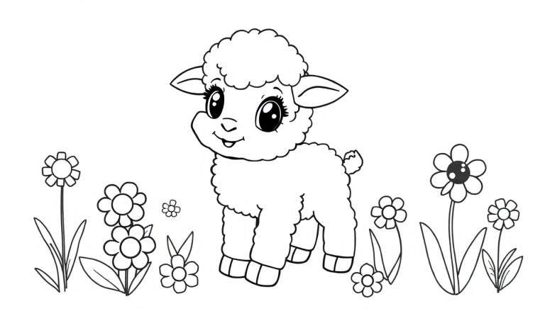 A black and white outline of a cute, fluffy lamb in a field of flowers, ready for a color panel.