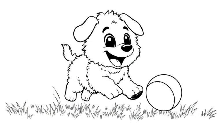 A black and white drawing of a fluffy puppy playing with a ball in the grass, perfect for a color panel.