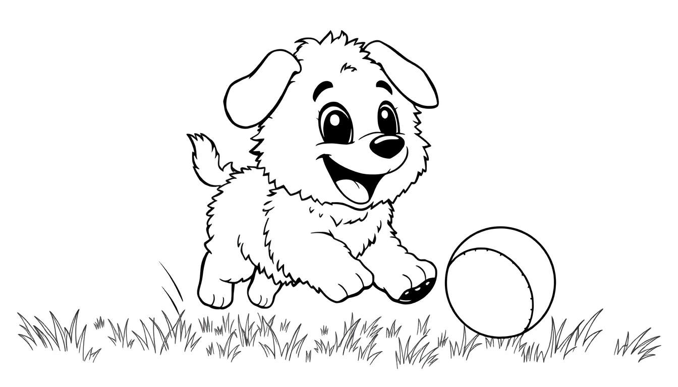 A black and white drawing of a fluffy puppy playing with a ball in the grass, perfect for a color panel.