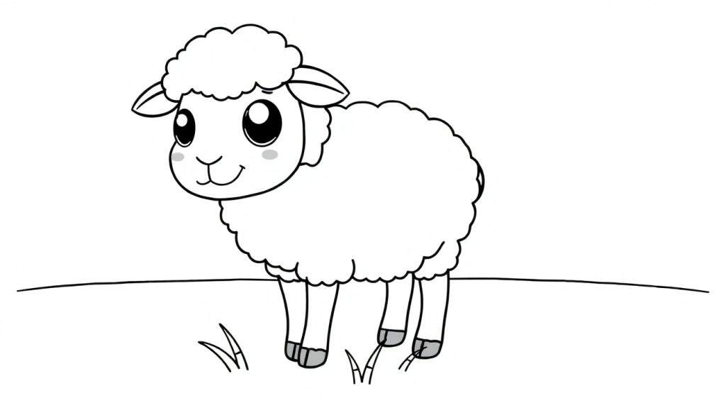 A cute cartoon sheep outline, ready for coloring, a black and white color panel.