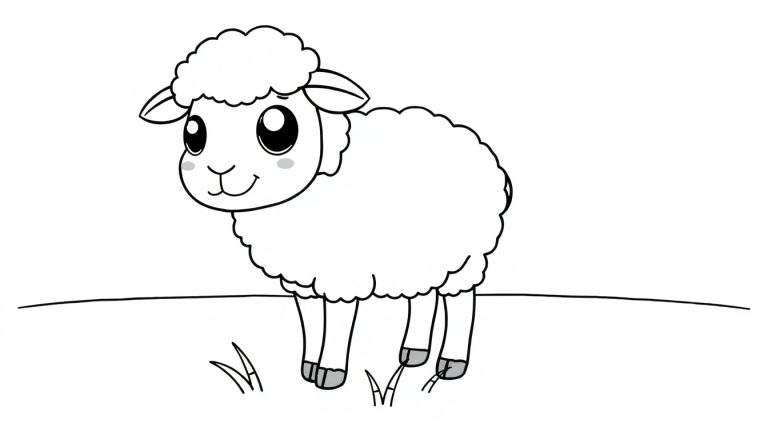 A cute cartoon sheep outline, ready for coloring, a black and white color panel.