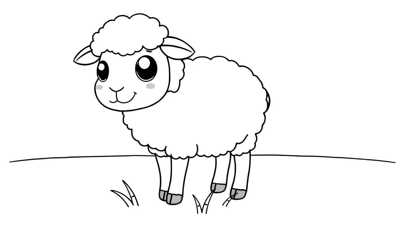 A cute cartoon sheep outline, ready for coloring, a black and white color panel.